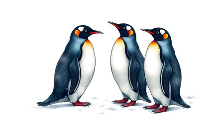 Obraz premium Symbolic traditional tattoo art of penguins in snowy fog, retro ornamental design with vibrant colors on white background