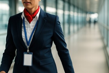 Aviation Professional. An unrecognizable flight attendant in uniform walks confidently through a modern airport terminal, wearing a blank ID badge.