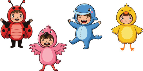 Cartoon children wearing animal costumes including ladybug, bird, dolphin, and duck in colorful playful scene for party or performance
