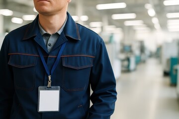 Industrial Worker. An unrecognizable factory worker in a blue uniform stands in an industrial plant. The blank ID badge is perfect for manufacturing mockups.