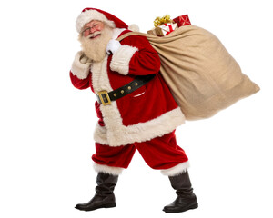 Smiling Santa Claus carrying large sack of gifts