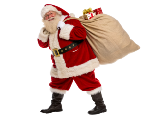 Smiling Santa Claus carrying large sack of gifts