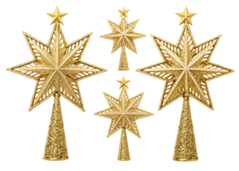 Four Glittery Golden Star Tree Toppers on White Background