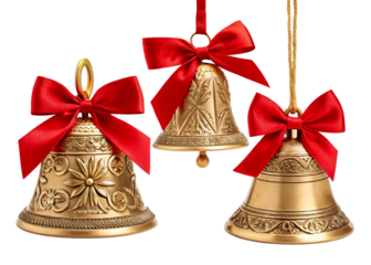 Three ornate gold Christmas bells with red ribbon bows