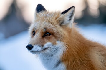 Obraz premium Close-up portrait of a majestic red fox in a snowy winter landscape