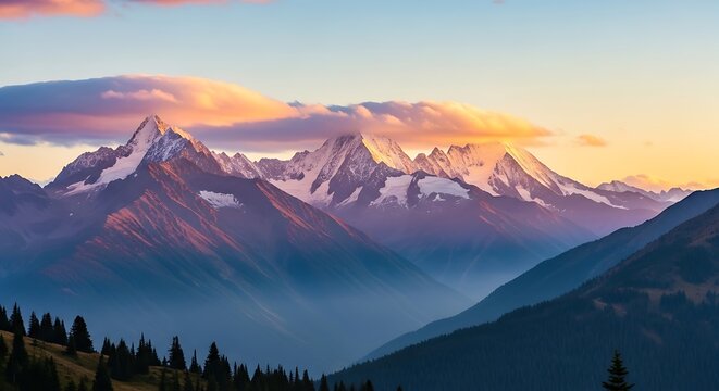Majestic mountain range at sunset with colorful sky and trees below