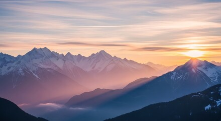 Fototapeta premium Majestic Mountain Range at Sunset with Layers of Fog and Light