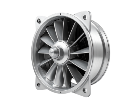 Detailed engineering component with blades and housing on transparent background