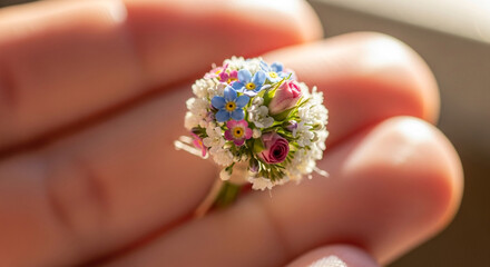 Closeup of a delicate hand holding a miniature bouquet of wildflowers, capturing the intricate beauty and charm of natures tiny treasures