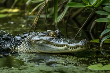 Obraz premium American alligator emerges from lush green water in natural habitat