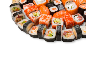 Platter of sushi and rolls - japanese food restaurant delivery, closeup of set isolated at white background