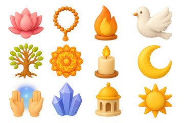 Spiritual Icons 3D. Spiritual Symbolic Traditions set of icons in 3D color style: lotus flower, prayer beads, sacred flame, dove, tree of life,