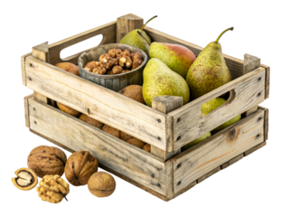 Wooden crate filled with fresh pears and walnuts
