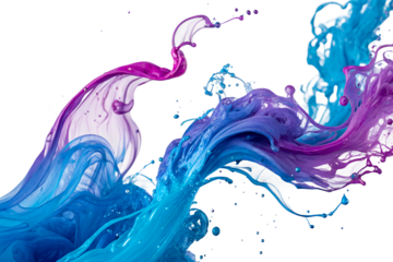 Dynamic splash of blue and purple ink fluid motion