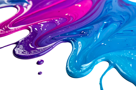 Vibrant magenta and blue liquids swirling together with glossy finish