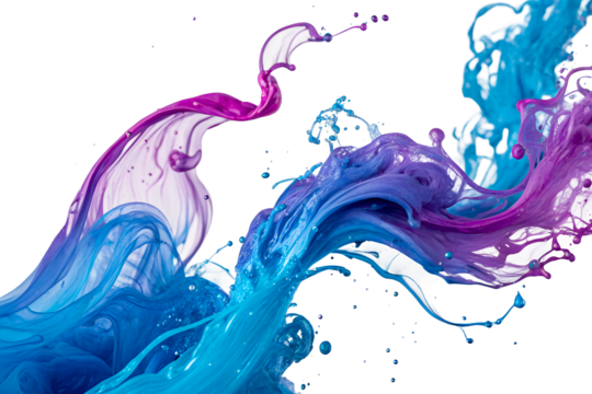 Dynamic splash of blue and purple ink fluid motion