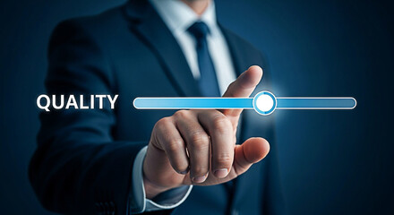 Businessman adjusting the quality control slider for optimal performance and customer satisfaction in a modern business setting