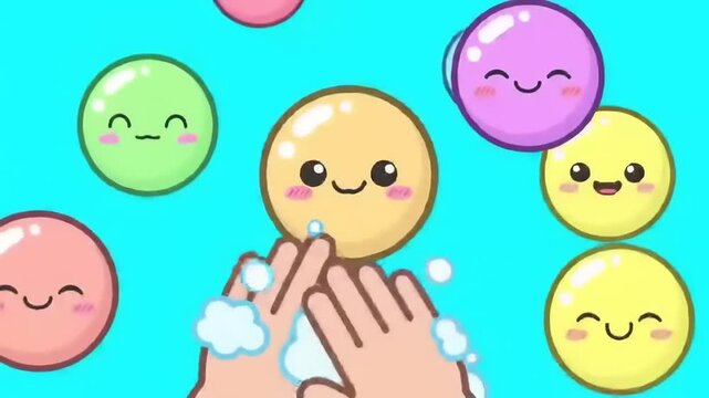 Cartoon hands washing with happy soap bubbles.