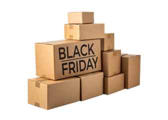 Stacked cardboard boxes with "BLACK FRIDAY" text