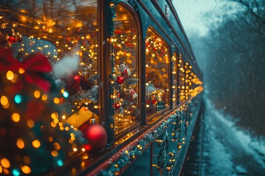 A festive train covered in Christmas lights.