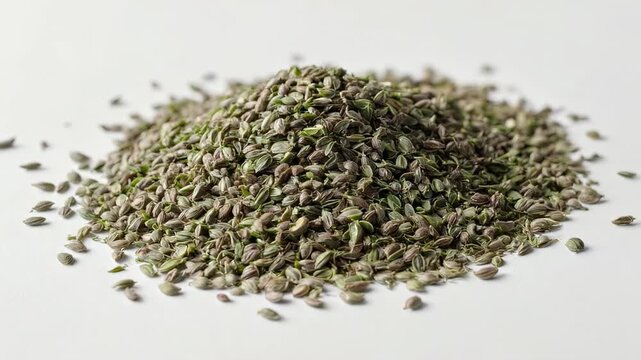 Pile of Ajwain Carom Seeds on White Background for Culinary Use.