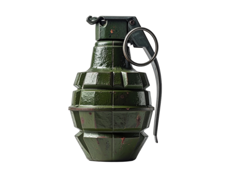 Isolated green hand grenade on transparent background for conceptual visuals