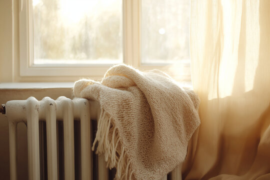 Cozy blanket draped over radiator near sunny window with curtains