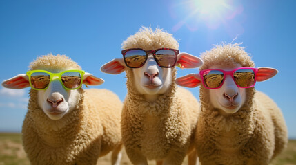 Three funny sheep wearing colorful sunglasses stand together under the bright sun, creating a cheerful and playful summer vibe full of humor and joy.