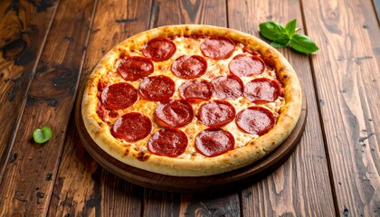 A delectable pizza, topped with pepperoni, sits on a wooden serving board. A sprig of basil adds freshness. The image captures appetizing detail