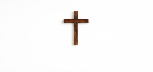 A simple wooden cross is centered against a plain white background. The image conveys a sense of calm and focus through its minimalist composition.AI generated.