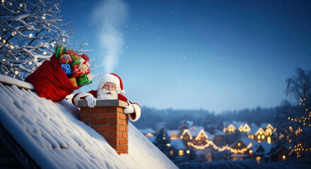 Funny Christmas scene showing Santa Claus stuck in a snowy chimney with a big red sack of colorful gifts on a rooftop.