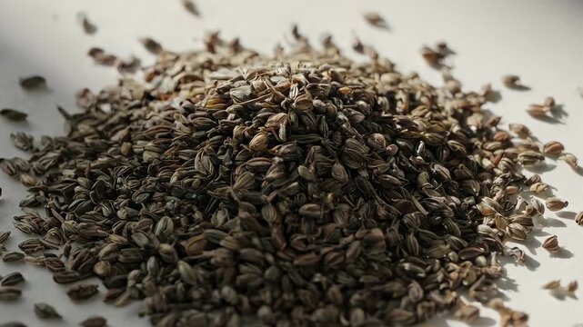 Pile of Carom Seeds Ajwain Spice on White Background Close Up.