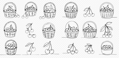 A collection of line art illustrations featuring baskets filled with cherries and individual cherry clusters.