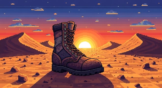 Pixel art boot in desert landscape with sunset retro style