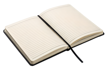 Open Lined Notebook with Black Bookmark on White Background