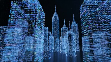 Futuristic digital cityscape showcases glowing skyscrapers and modern architecture, where vibrant blue lights illuminate urban landscape, creating mesmerizing visual experience of technology - Powered by Adobe