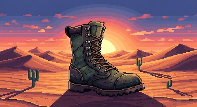 Pixel Art Desert Boot Amidst Cacti and Sunset Pixelated Landscape - Powered by Adobe
