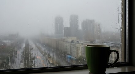 Rainy day in the city seen through a window with coffee