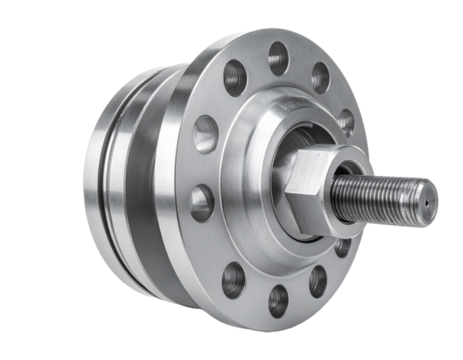 Mechanical gear component with circular flanges and shaft detail