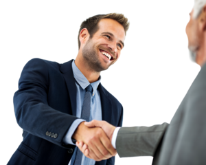 Two businessmen shaking hands in a studio setting