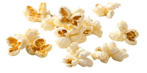 Snack of popped corn kernels scattered on a plain surface