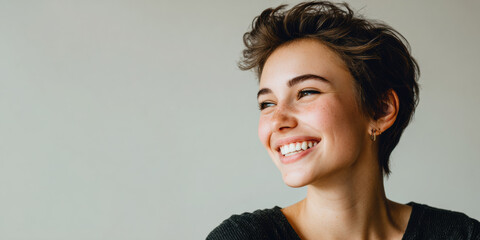 Wide portrait of woman with short hair smiling, plain bright background with copyspace