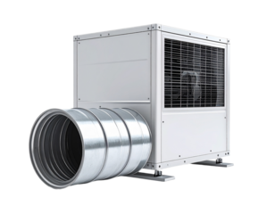 Modern mechanical device with cylindrical and rectangular components on transparent background