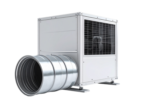 Modern mechanical device with cylindrical and rectangular components on transparent background