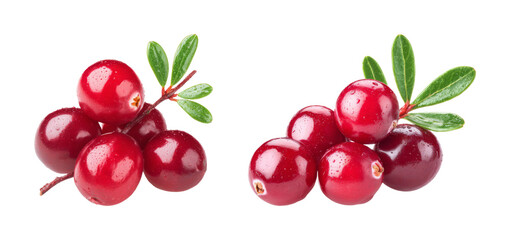 Vibrant fresh cranberry cluster, glistening water droplets, bright red berry on branch, healthy food ingredient, isolated on black background PNG set with transparent background