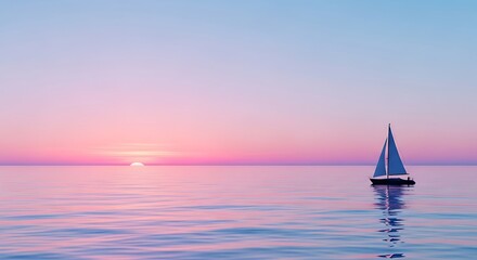 Sailboat on calm ocean water at sunset with pastel colors