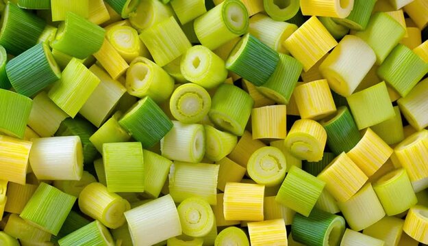Pieces of fresh chopped leeks as background, closeup