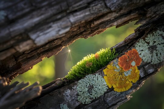 Detailed close-up of textured tree bark with vibrant green moss and autumn foliage accents