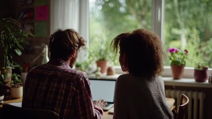 Young interracial couple working together on a project from their home office, sitting at a desk with a laptop in front of a bright window with green plants and natural daylight - Powered by Adobe