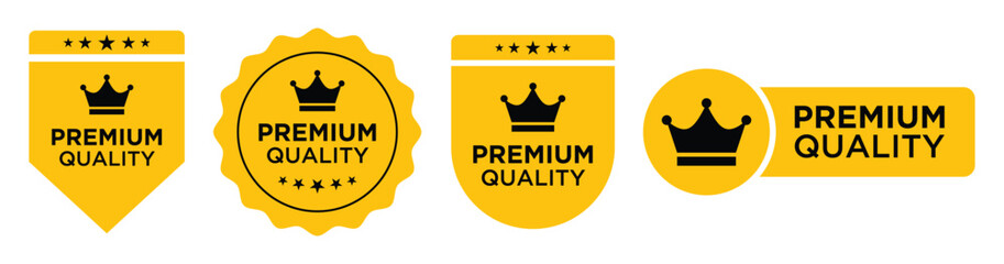 Premium quality badge set. Premium certificate badge. Golden label sign, seal, stamp, sticker. 100 percent quality guaranteed tag. Vector illustration. Premium Quality Yellow Vector Badge Label Set